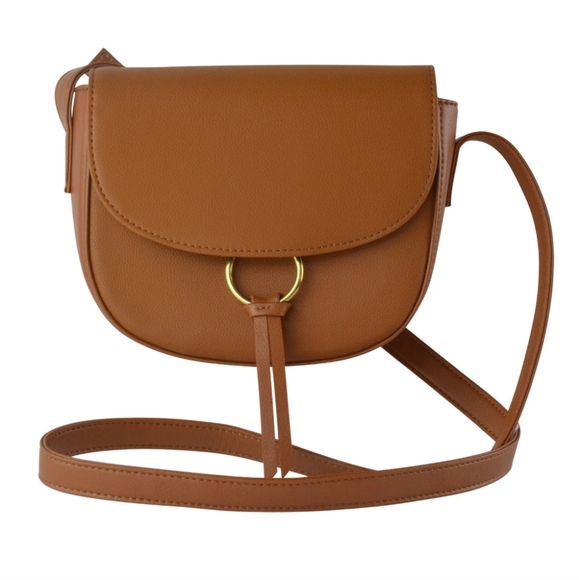 JJ WINTERS Ivy Crossbody Mini Saddle Bag Cognac Genuine Leather Gold Ring Women - Picture 1 of 15